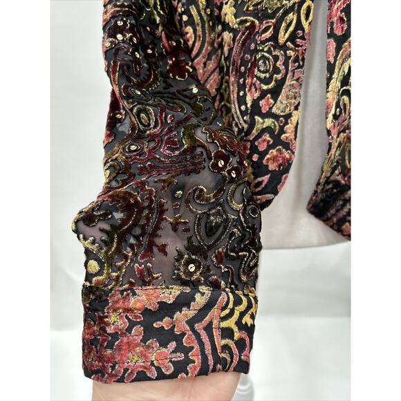 Chicos Sz 2 Lg Black Multicolored Open Velvet Burnout Relaxed Cardigan Blouse - Picture 4 of 11